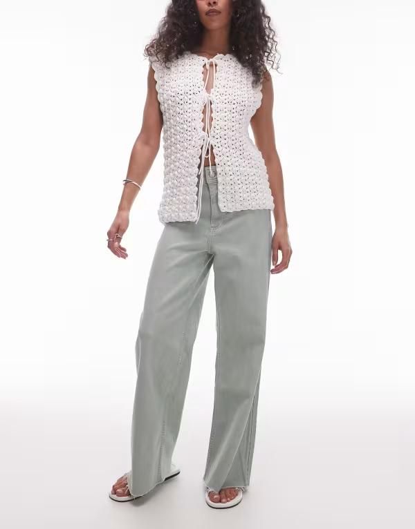 マンゴ レディース ボトムス デニムパンツ ワイドレッグ ジーンズ Mango Catherin wide leg jeans in sage LIGHT GREEN グリーン