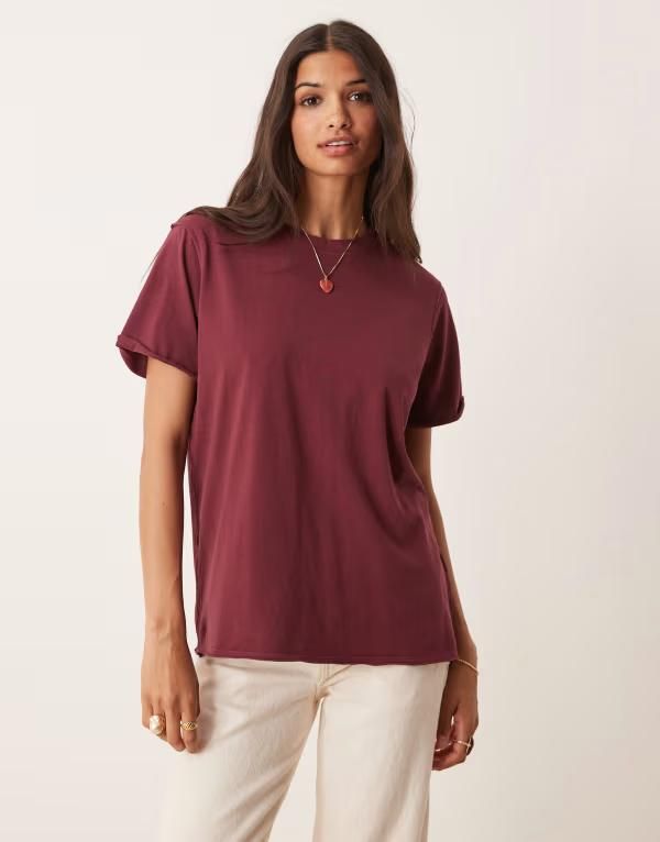 エイソス レディース トップス Tシャツ レギュラーフィット ASOS DESIGN slouchy raw edges regular fitshirt in washed cherry Dark Cherry