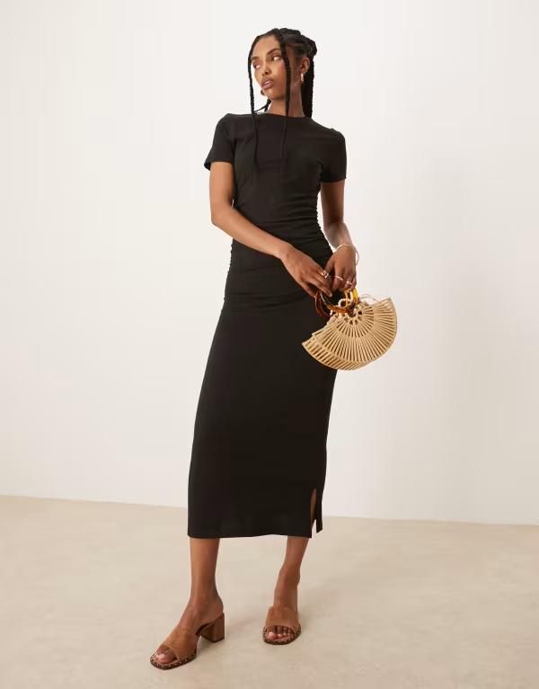 エイソス レディース トップス ワンピース ミディワンピース ギャザー ミディ Tシャツ ASOS DESIGN ruched tshirt midi dress Black ブラック 12,360円