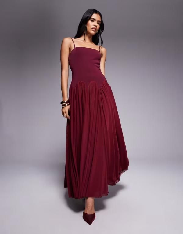 レア レディース トップス ワンピース プリーツ マキシ Rare London cami scallop drop waist pleated maxi dress Burgundy バーガンディ