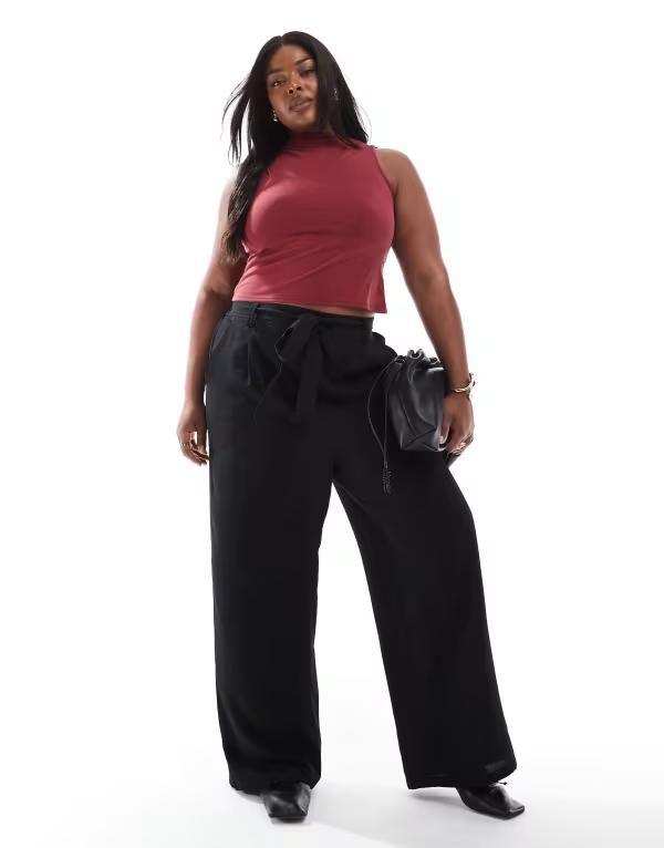 オンリーカーブ レディース ボトムス カジュアルパンツ パンツ ONLY Curve tie waist palazzo pants Black ブラック
