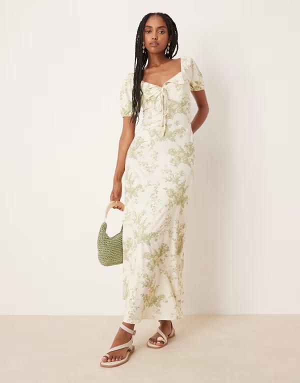 エイソス レディース トップス ワンピース ヴィンテージ フラワー柄 プリント ミディ フラワー ASOS DESIGN scalloped collar puff sleeve seam detail midi tea dress in vintage fl