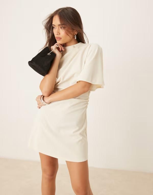 エイソス レディース トップス ワンピース ミニワンピース ギャザー ミニ ASOS DESIGN flutter sleeve ruched side mini dress Bone ホワイト