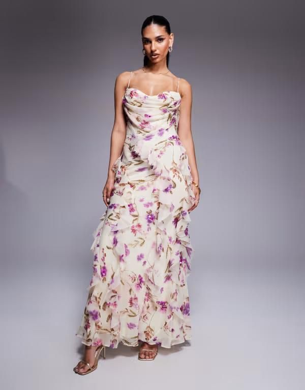 エイソス レディース トップス ワンピース シフォン マキシワンピース フラワー柄 フリル マキシ フラワー ASOS DESIGN embellished chiffon cami ruffle maxi dress floral Ivory floral