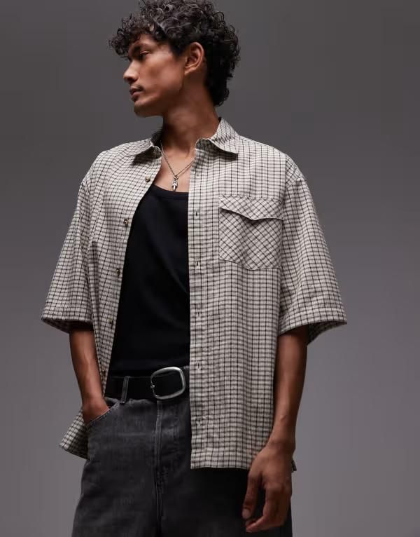 トップマン メンズ トップス シャツ リラックスフィット Topman relaxed fit short sleeve textured plaid shirt in stone STONE ストーン