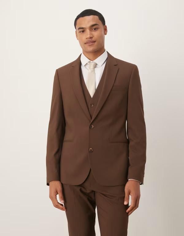 エイソス メンズ アウター ジャケット・ブルゾン ASOS DESIGN skinny suit jacket in dark brown ブラウン