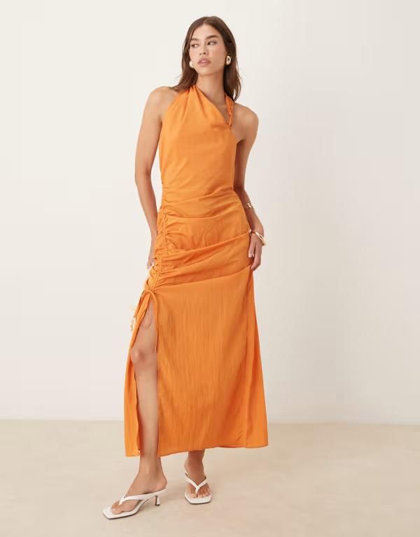エイソス レディース トップス ワンピース アシンメトリー ミディワンピース ギャザー ミディ ASOS DESIGN asymmetric midi dress with ruched side channel in orange TBC オレンジ