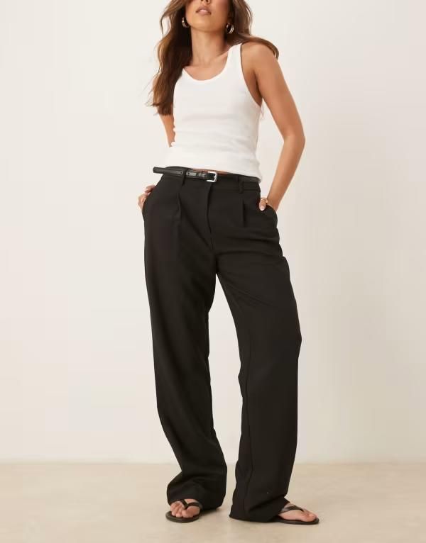 エイソス レディース ボトムス カジュアルパンツ ストレート パンツ レザー フェイクレザー ASOS DESIGN tailored straight leg pants with faux leather belt Black ブラック