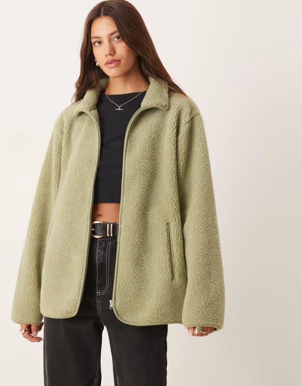 エイソス レディース アウター パーカー・スウェット フルジップ フリース ASOS DESIGN borg zip through fleece in sage SAGE GREEN グリーン