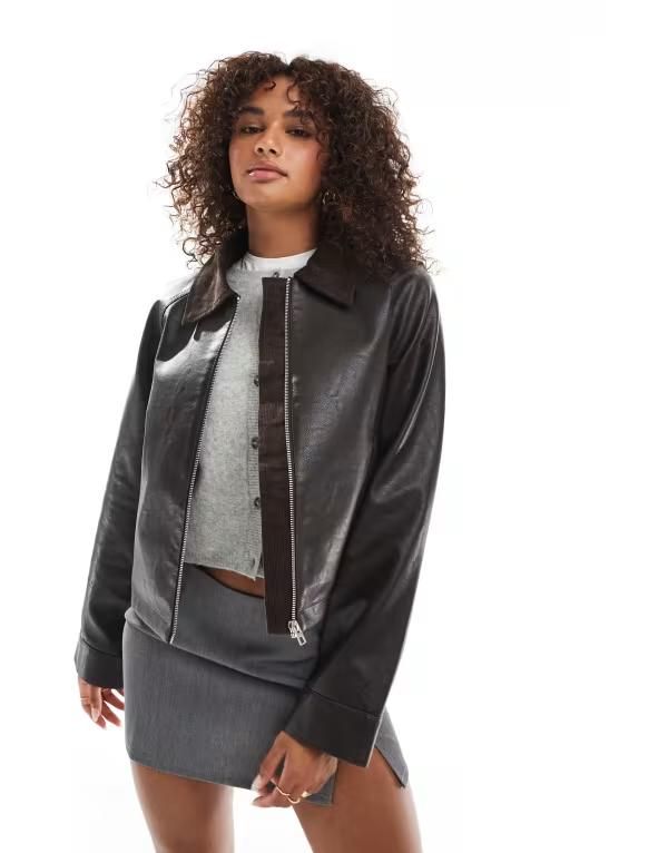 エイソス レディース アウター ジャケット・ブルゾン レザー ジャケット ASOS DESIGN swing leather look crop barn jacket brown ブラウン