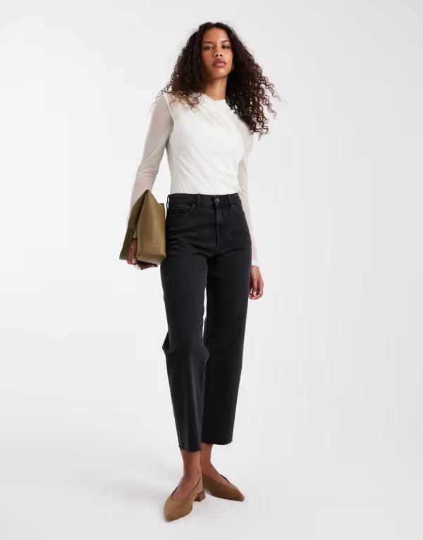 エイソス レディース ボトムス デニムパンツ ストレート アンクル ジーンズ ASOS DESIGN ankle grazer comfort stretch straight leg jeans Black ブラック