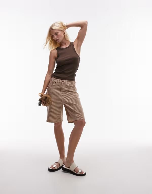 トップショップ レディース ボトムス ハーフパンツ・ショーツ デニム Topshop loose fit denim jorts in tan stripes Tan stripe タン