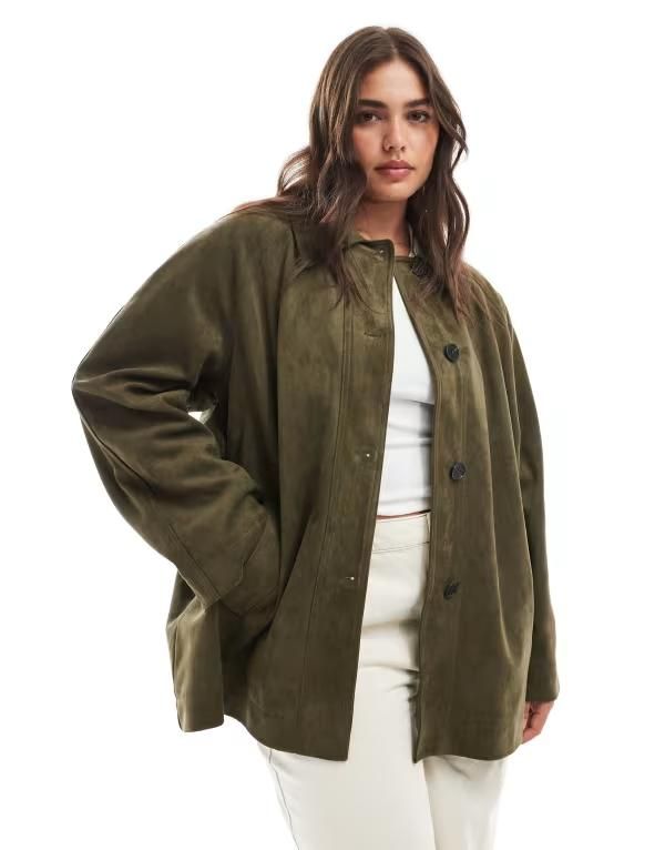 エイソス レディース アウター コート スエード ASOS Curve ASOS DESIGN Curve faux suede car coat in olive Khaki カーキ