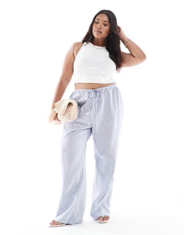 オンリーカーブ レディース ボトムス カジュアルパンツ ワイドレッグ パンツ ONLY Curve side tie wide leg pants in light blue stripes WHITE ホワイト