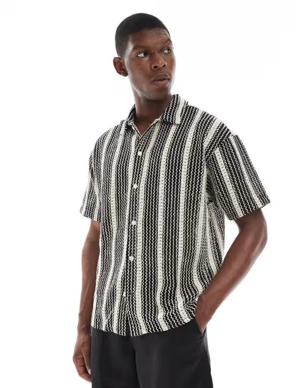 ジャック アンド ジョーンズ メンズ トップス シャツ Jack Jones crochet striped shirt Black ブラック