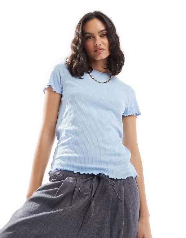ピーシーズ レディース トップス Tシャツ Pieces lettucedge tshirt in soft CM Blue ブルー