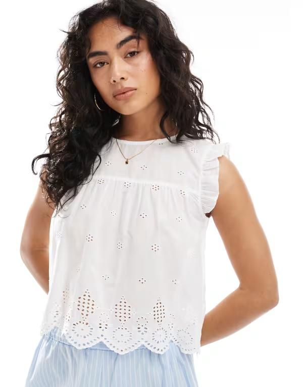 オンリー レディース トップス Tシャツ ONLY pointelle frill sleeves top Cloudancer ホワイト
