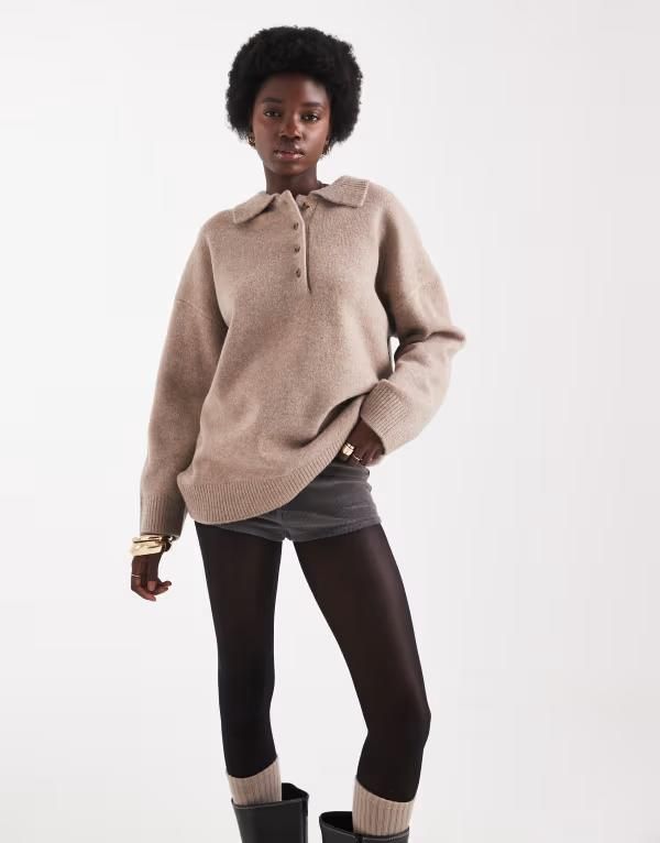エイソス レディース アウター ニット・セーター ポロシャツ ニット ASOS DESIGN knit compact polo shirt in mushroom Mushroom