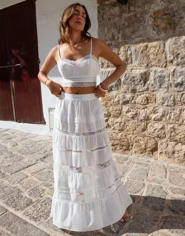 フォースレックレス レディース ボトムスカート ティアード レース リネン マキシ 4th Reckless x Luana Barron linen mix tiered lace insert maxi beach skirt part of a set