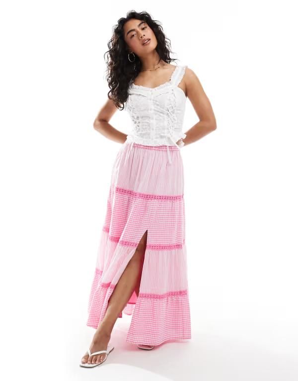 ミスセルフフリッジ レディース ボトムス スカート ギンガムチェック マキシ ギンガム Miss Selfridge gingham and stripe mix maxi skirt Pink gingham ピンク