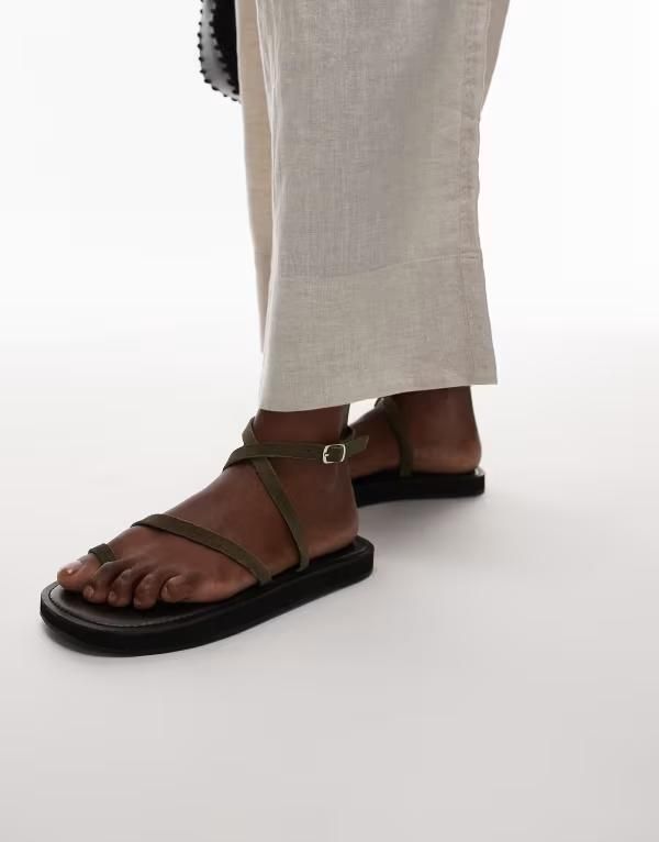 トップショップ レディース シューズ サンダル スエード Topshop Kayce real suede strappy flat sandals Khaki カーキ