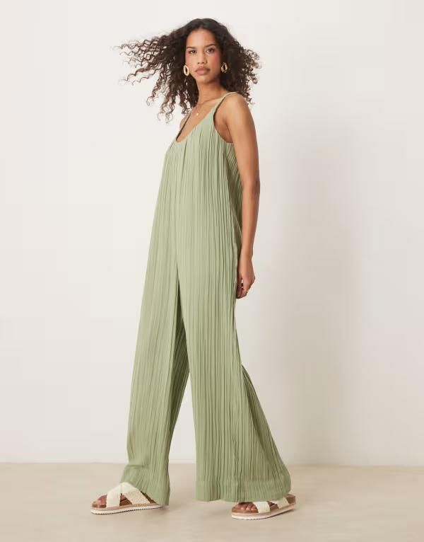 エイソス レディース トップス ジャンプスーツ タイディテール ASOS DESIGN double cloth braided tie detail scoop neck jumpsuit Khaki カーキ