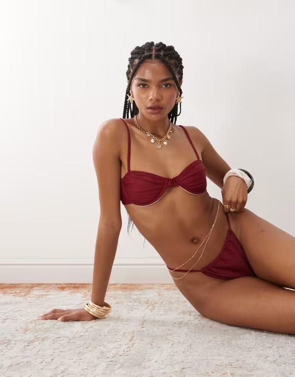 ミスセルフフリッジ レディース 水着 トップのみ ギャザー Miss Selfridge mix and match ruched cup skinny strap bikini top Burgundy バーガンディ