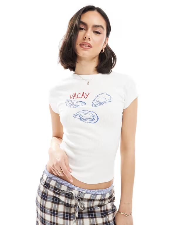 エイソス レディース トップス Tシャツ リブ グラフィック ASOS DESIGN ribbed baby tee with oyster graphic WHITE ホワイト