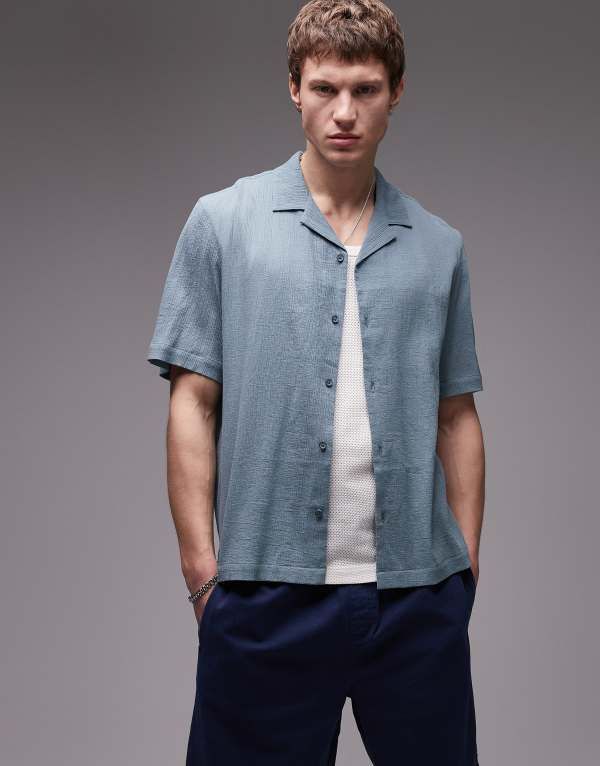 トップマン メンズ トップス シャツ Topman short sleeve crinkle shirt in mid MID BLUE ブルー