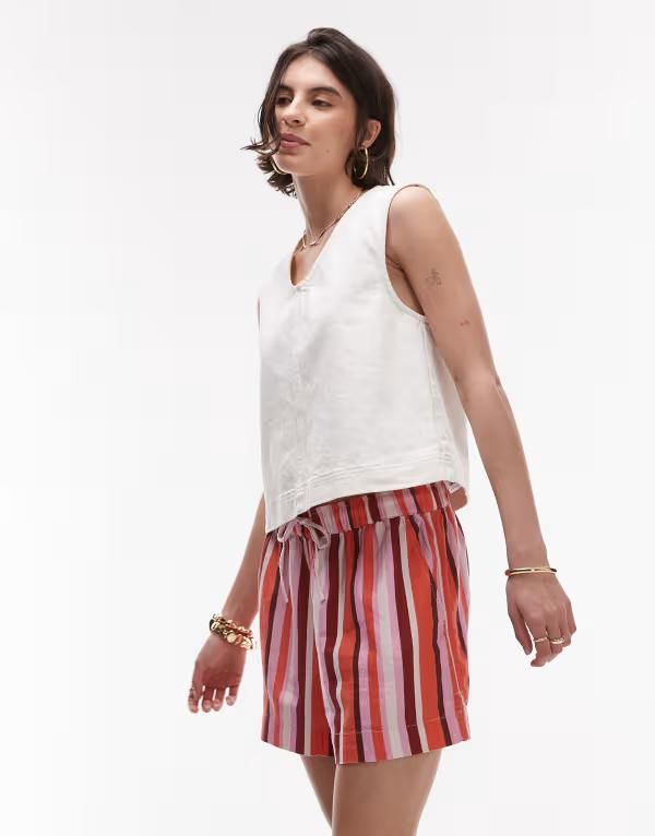 トップショップ レディース ボトムス ハーフパンツ・ショーツ ショートパンツ リネン Topshop high rise drawstring linen mix shorts stripe pink ピンク