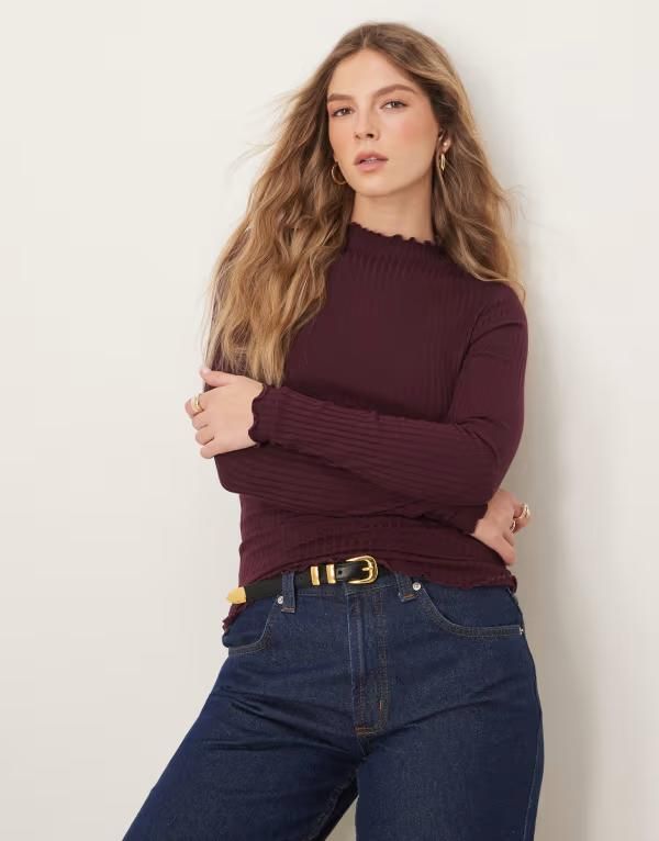 ジェイディーワイ レディース トップス Tシャツ JDY lettucedge top Winetasting バーガンディ