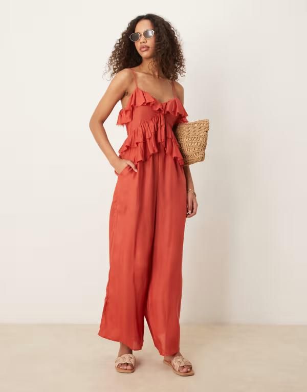 エイソス レディース トップス ジャンプスーツ フリル ASOS DESIGN ruffle micro bust viscose jumpsuit with shirred back in rustラスト
