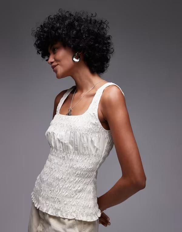 トップショップ レディース トップス Tシャツ ノースリーブ Topshop shirred poplin sleeveless top IVORY アイボリー