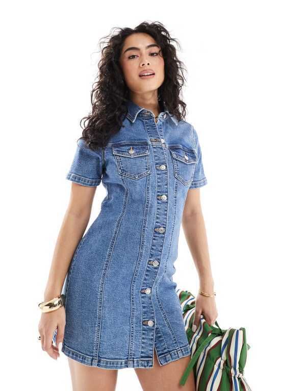 エイソス レディース トップス ワンピース ミニワンピース ミニ シャツ デニム ASOS DESIGN denim fitted shirt mini dress in mid MID BLUE ブルー