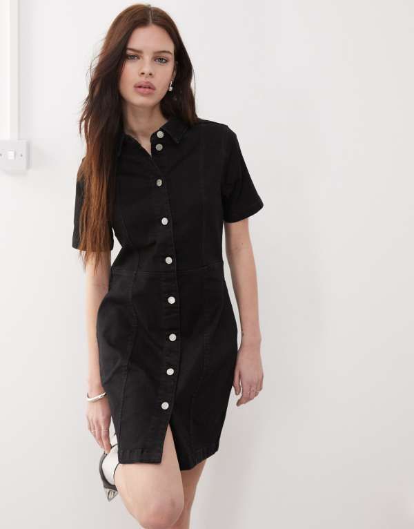 ノイジーメイ レディース トップス ワンピース ミニワンピース ミニ デニム Noisy May short sleeve denim mini dress Black Denim ブラック
