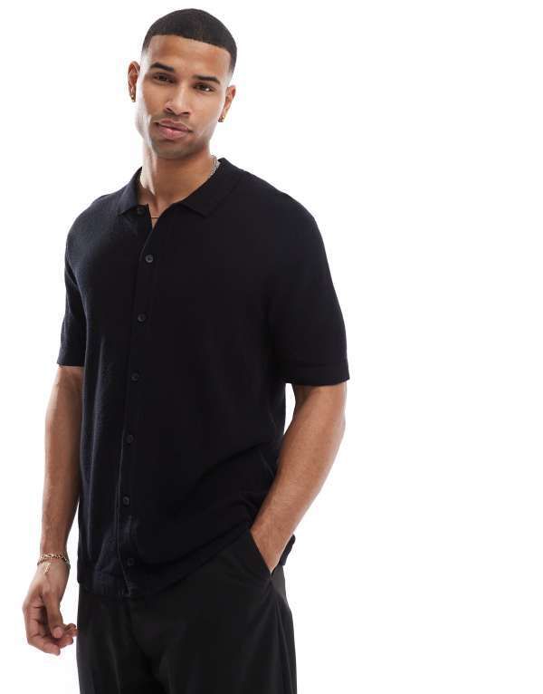 ジャック アンド ジョーンズ メンズ トップス ポロシャツ ニット Jack Jones knitted button through polo Black ブラック