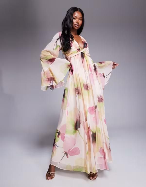 エイソス レディース トップス ワンピース フラワー柄 プリント マキシ フラワー ASOS DESIGN fluted sleeve twist front maxi with plunge neckline floral print Garden flor