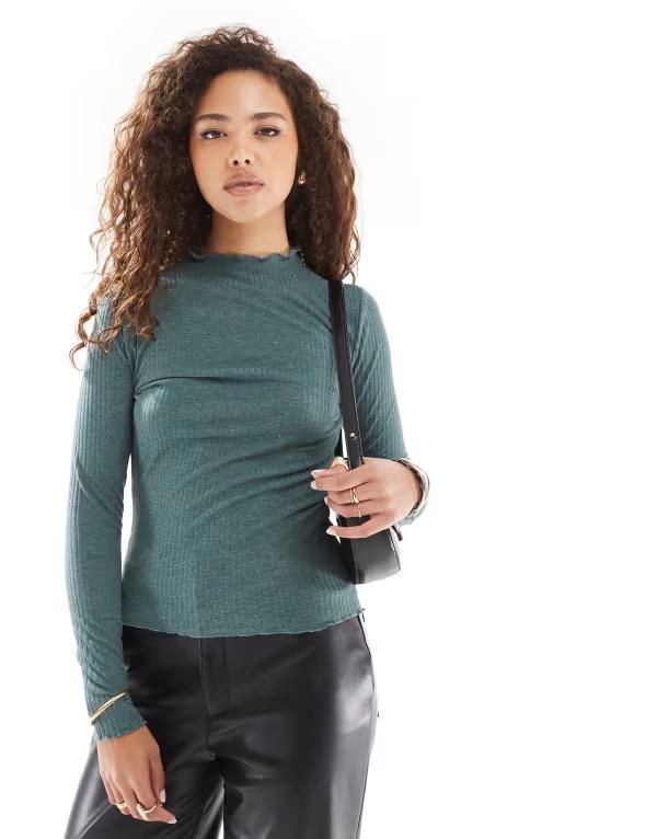 オンリー レディース トップス Tシャツ ハイネック リブ ONLY lettucedge high neck ribbed top in teal ティール