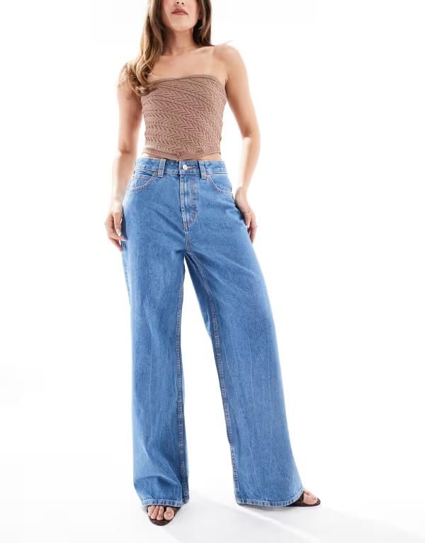 エイソス レディース ボトムス デニムパンツ ワイドレッグ ジーンズ ASOS DESIGN wide leg dad jeans in clean CLEAN MID BLUE ブルー