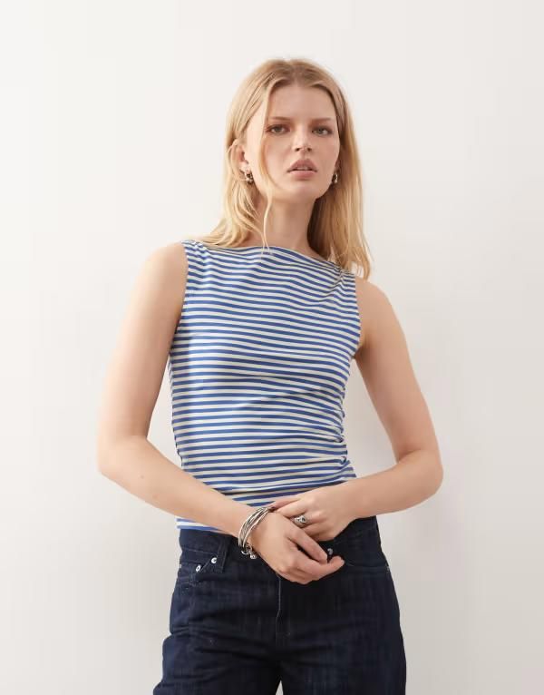 ウィークデイ レディース トップス Tシャツ ノースリーブ Weekday Annie soft boat neck sleeveless top and buttermilk yellow stripexclusive to ASOS Blue Butter