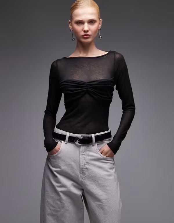 エイソス レディース トップス Tシャツ セミシアー ギャザー オーバーレイ シアー ニット ASOS DESIGN knitlook semi sheer long sleeve top with ruched bust overlay Black ブラック