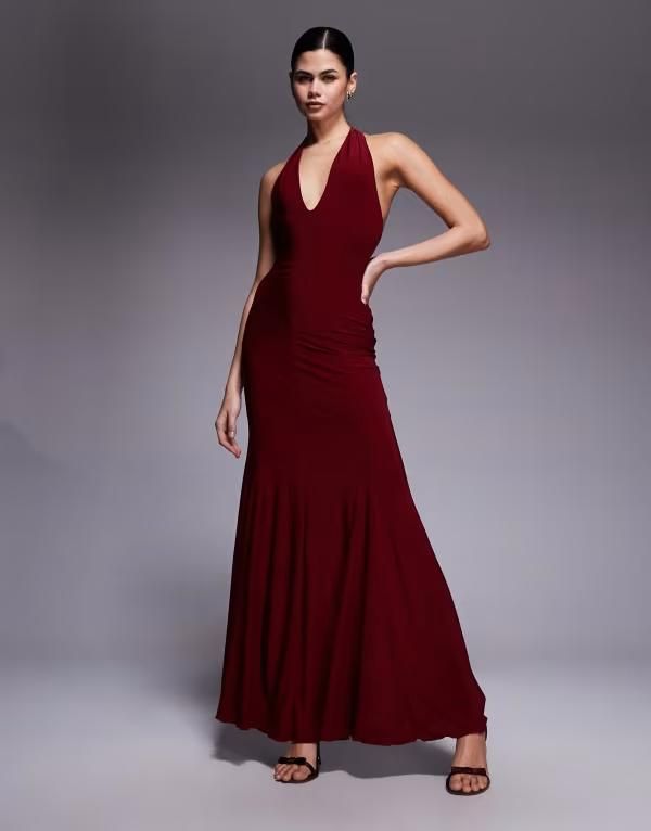 ファッションキラ レディース トップス ワンピース マキシ ホルター Fashionkilla double sculpted slinky plunge halterneck godet hemaxi dress Burgundy バーガンディ