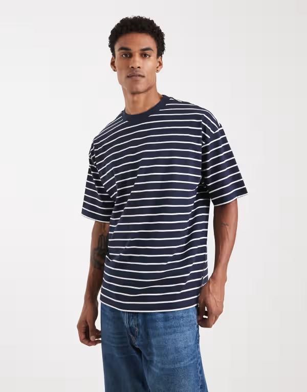 エイソス メンズ トップス Tシャツ ASOS DESIGN oversized tshirt and white stripe Navy stripe ネイビー