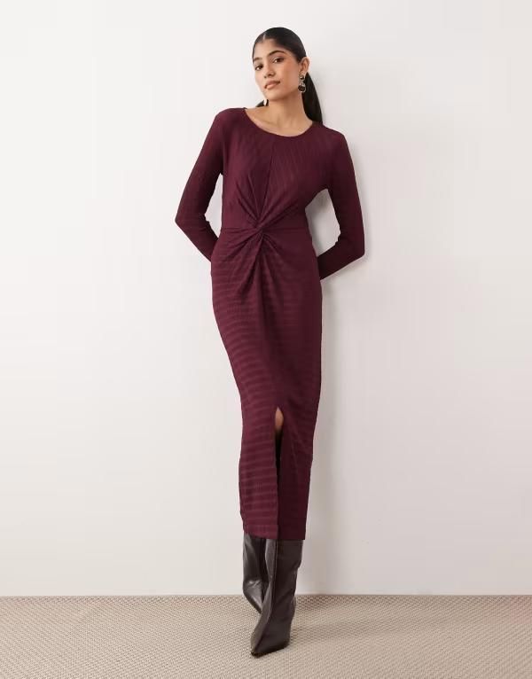 ヴィラ レディース トップス ワンピース ミディ VILA textured midi dress with twist detail Fig バーガンディ
