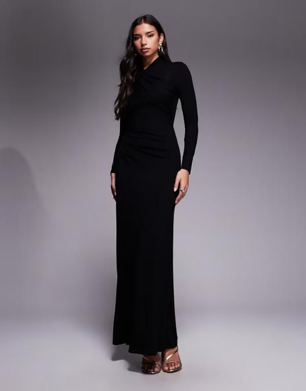 エイソス レディース トップス ワンピース ハイネック ドレープ マキシ ASOS DESIGN long sleeve high neck drape maxi dress Black ブラック