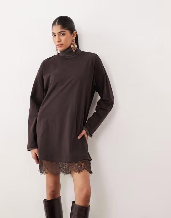 エイソス レディース トップス ワンピース レーストリム Tシャツ レース ASOS DESIGN long sleeved Tshirt dress with lace trim CHOCOLATE BROWN ブラウン 12,411円