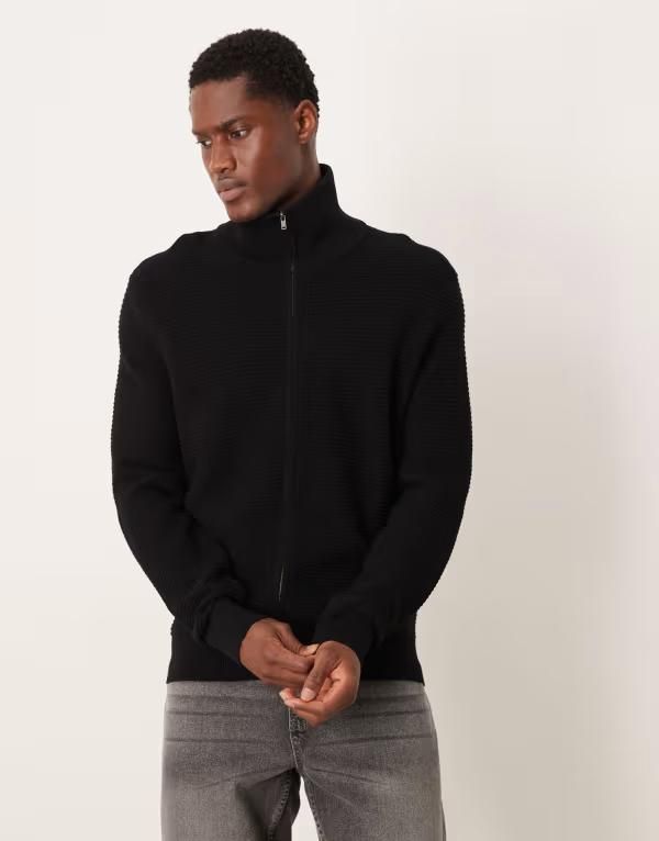 マンゴ メンズ アウター カーディガン コットン Mango 100 cotton zip up textured cardigan Black ブラック