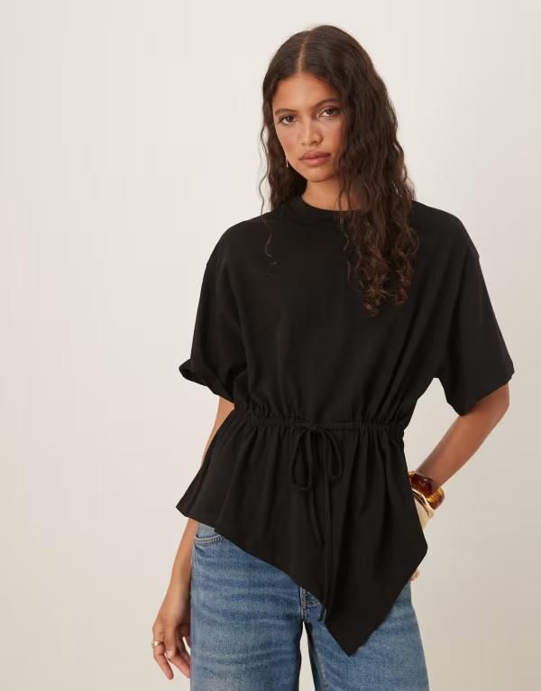 エイソス レディース トップス Tシャツ ドレープ ASOS DESIGN tie waist drape tshirt Black ブラック