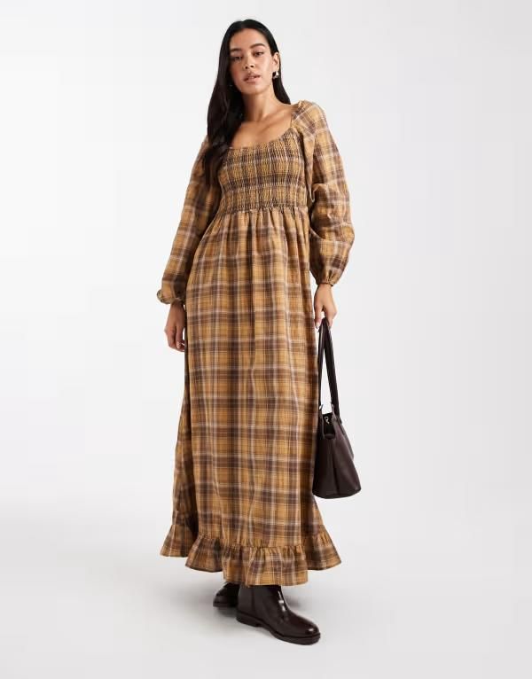 デイジーストリート レディース トップス ワンピース マキシ Daisy Street puff sleeve shirred bodice maxi dress in mustard brown plaid YELLOW PLAID イエロー