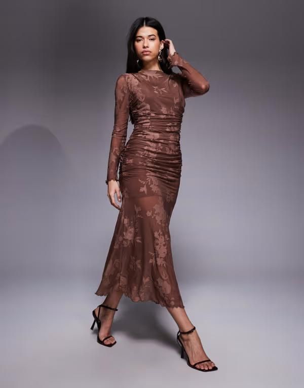 エイソス レディース トップス ワンピース ギャザー マキシ ASOS DESIGN devore long sleeve ruched maxi dress in chocolate チョコレート